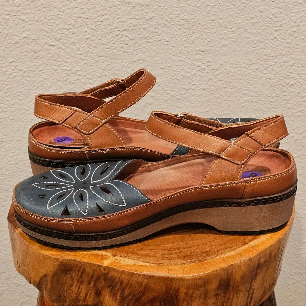 Pikolinos Granada W0W-1985 Leather Platform Wedge Sandals Floral Cutout 38/8
